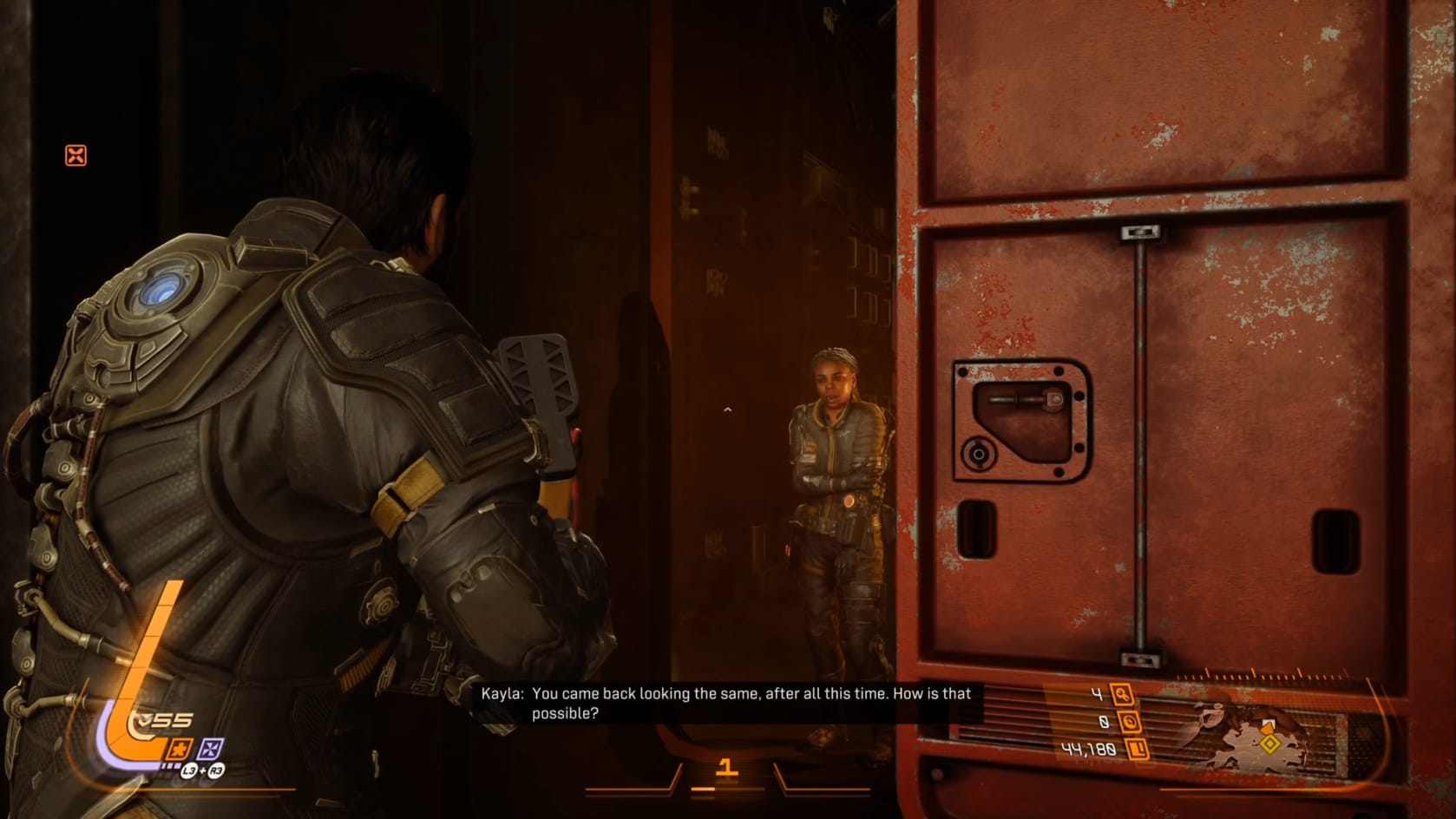 Arjun talks with a grey-haired Kayla within the remains of the settlement in the Shattered Rise.