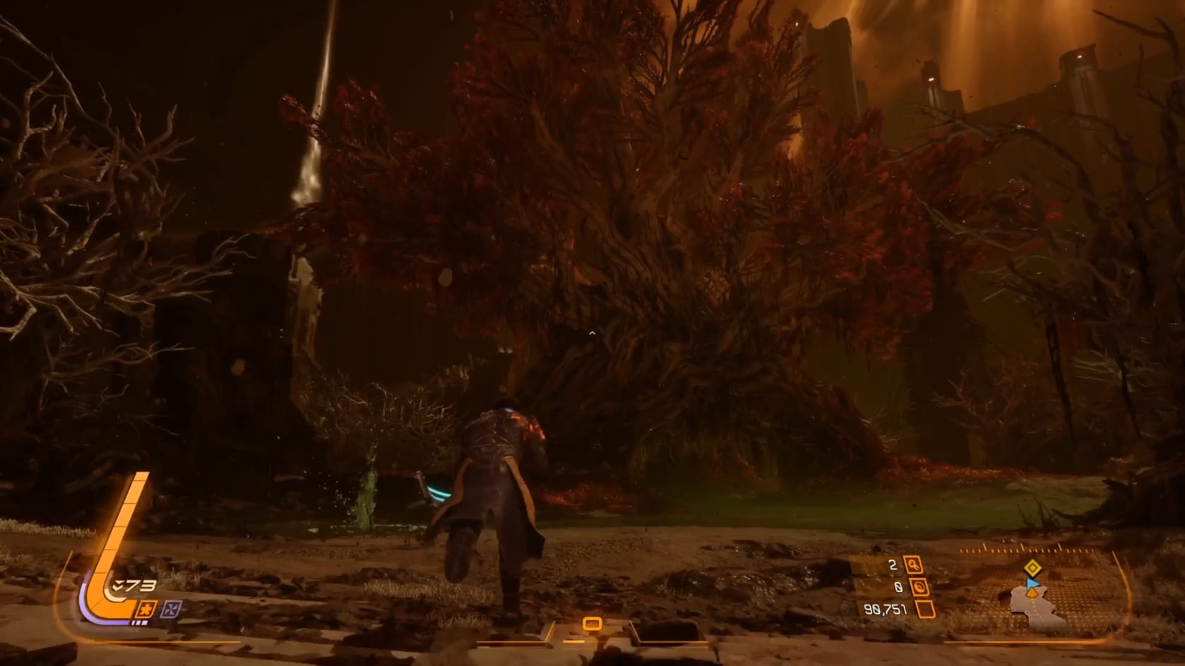 Arjun runs toward a gnarled looking tree with red-leafed tree with archways for its body and trunk. Green "water" can be see underneath it.