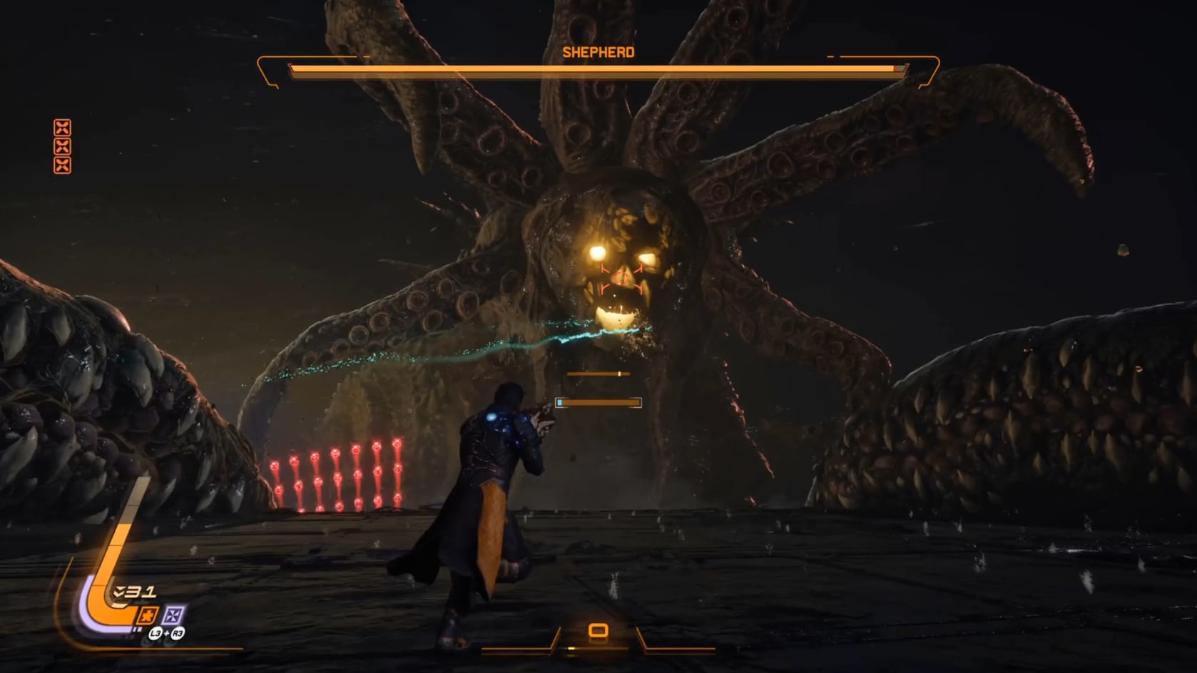 The skull-like face of the Shepherd can be seen framed by its tentacles.
