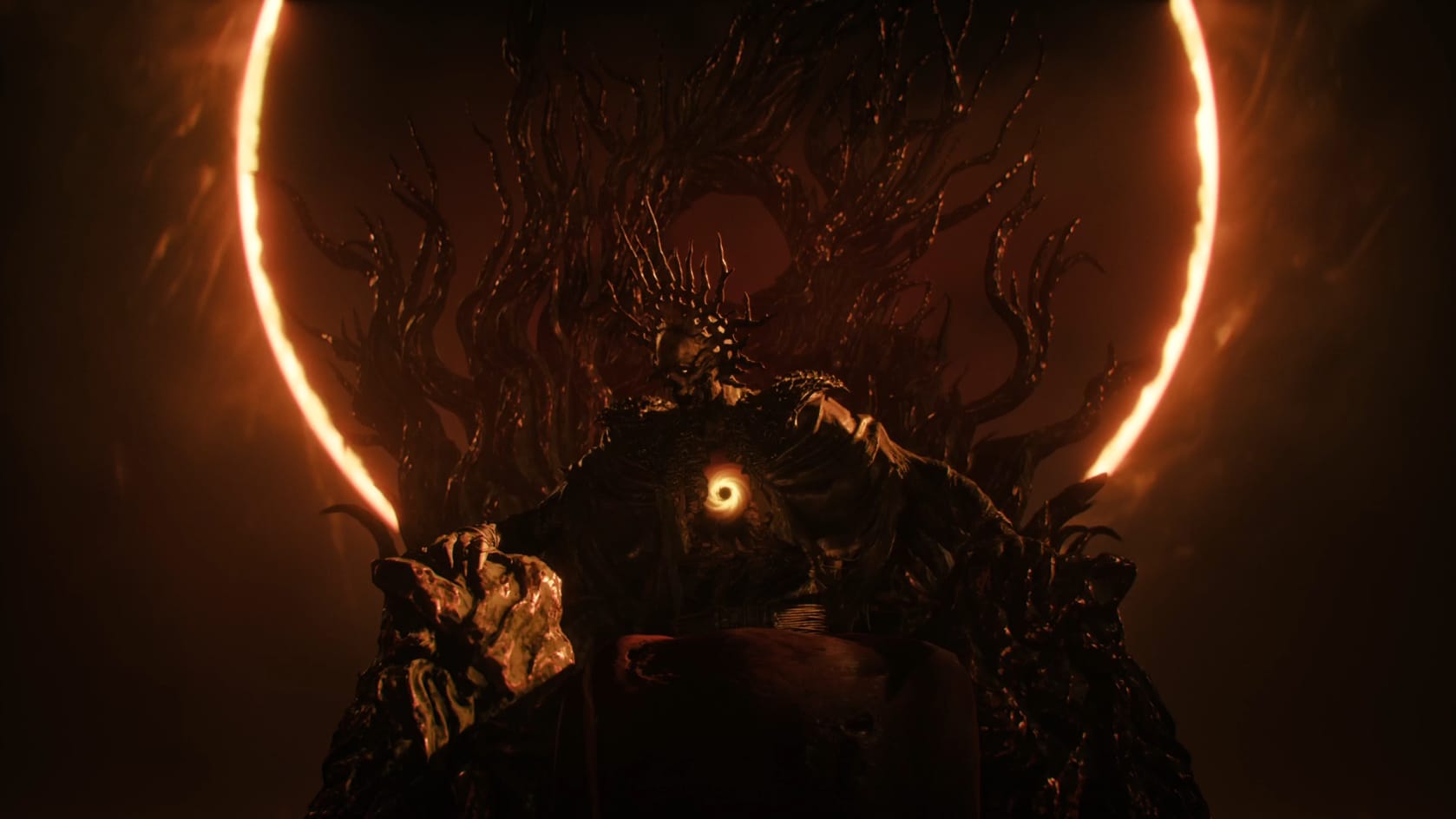 The skeletal King sits in his strange wood-like throne. A small eclipse blazes in his chest. His Crown is mirror by his throne. All this is in front of the Eclipse itself, giving a Halo to King and Throne