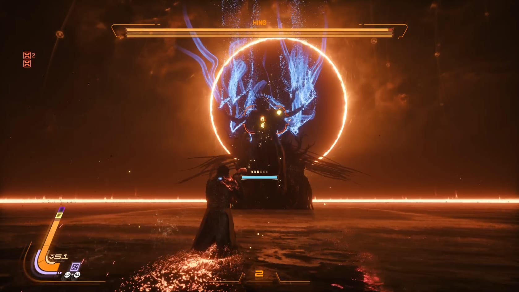 The Kings stands just in front of his throne, blue energy can be see streaming from his hands. The Throne is recessing into the water below, all haloed by the Eclipse.