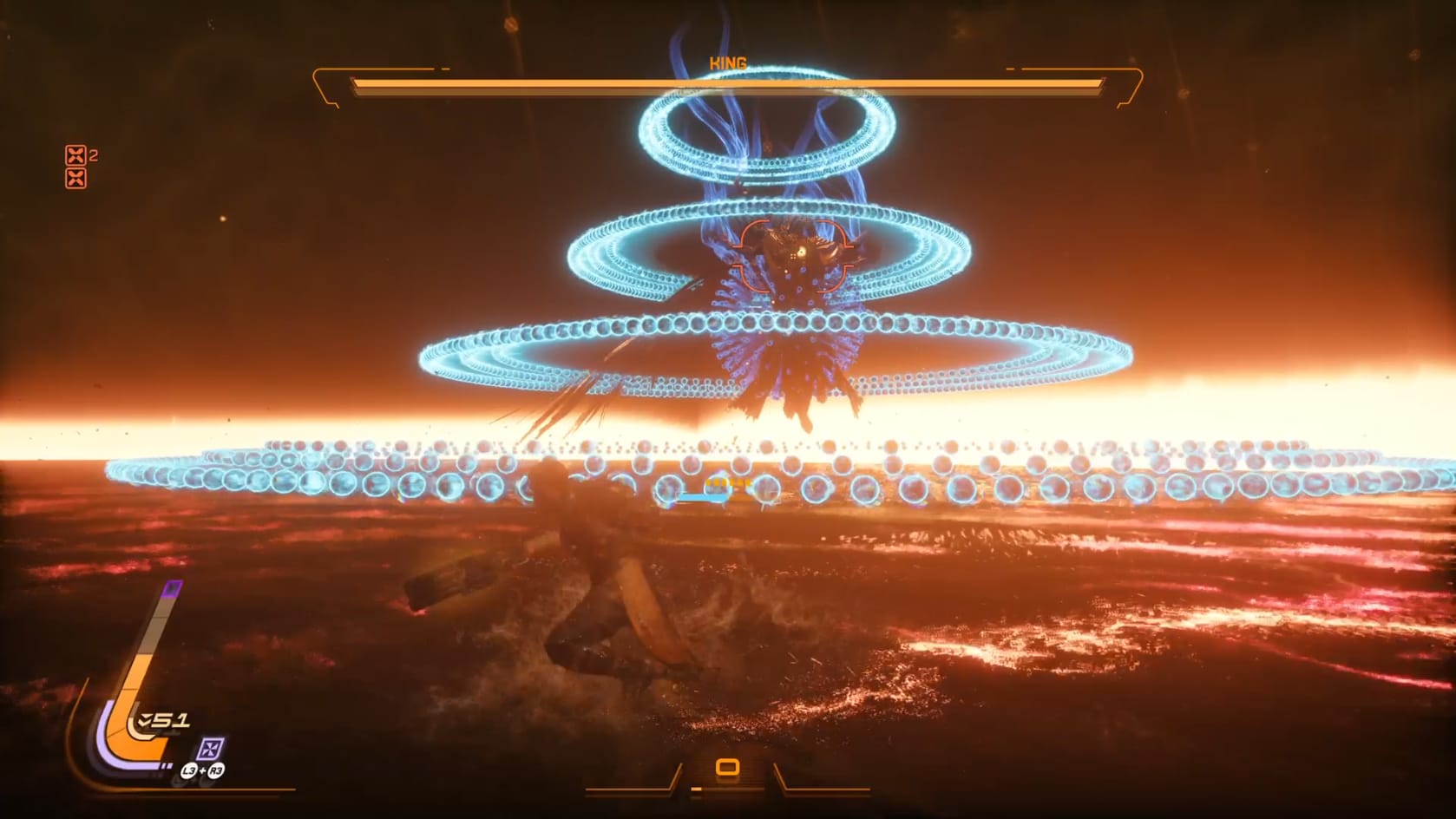 Arjun running parallel to the King. The King is ringed in Blue Energy, with a burst of Blue Energy coming from his core.