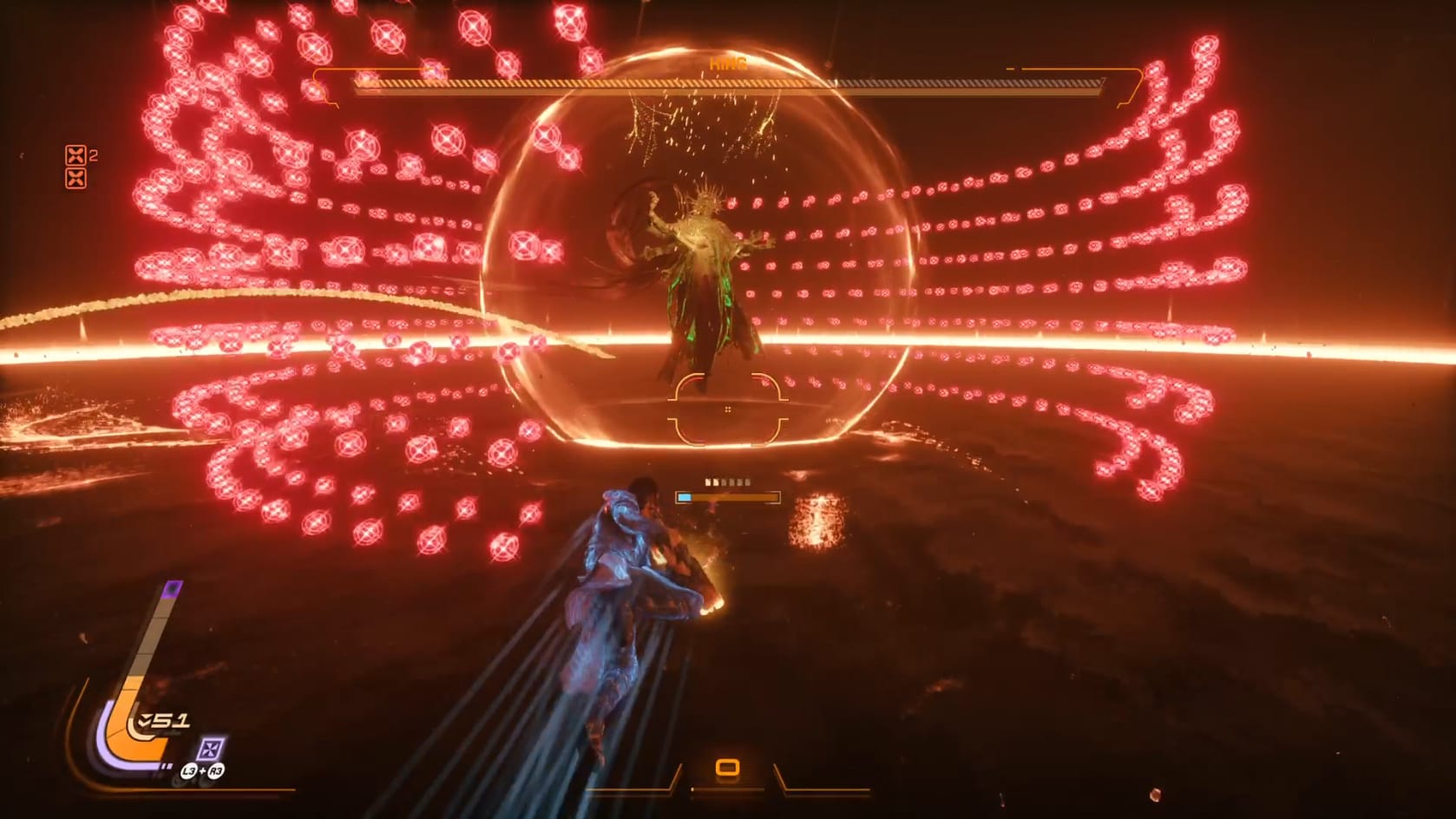 The King in the center of the arena with two walls of Nova around him. He is protected by a Golden Shield. A faint hint of green can be see on the King, alluding to him healing.
