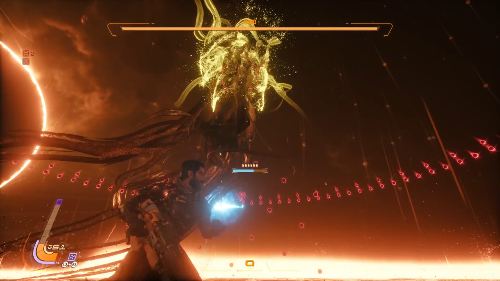 The King flies high over Arjun, with yellow energy drifting off him.