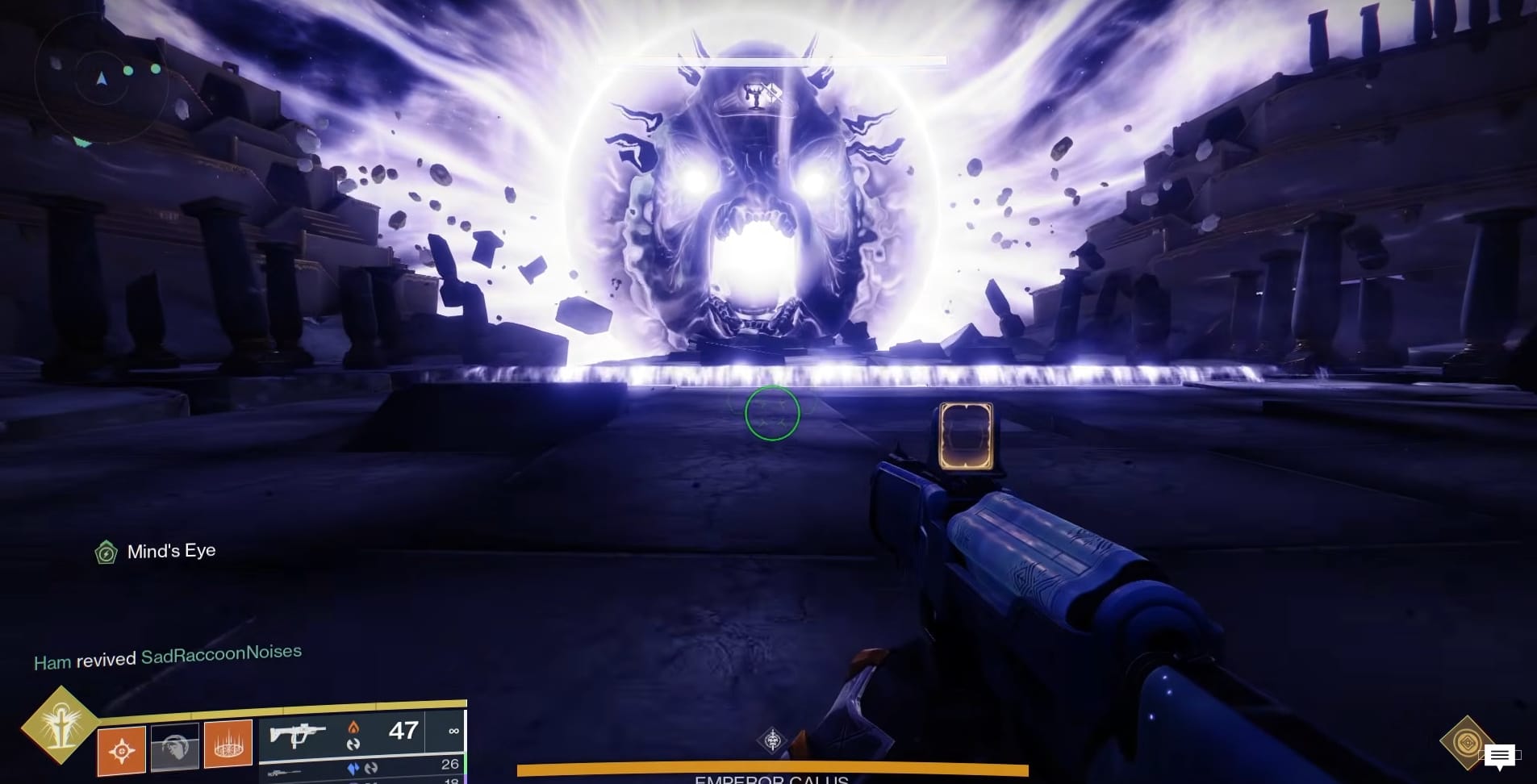 Calus's projection with the Cup symbol on his forehead
