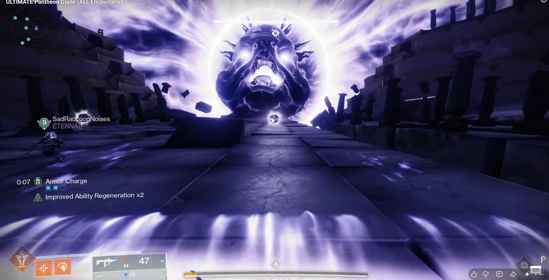 A Guardian looking straight at the Orb to return to the Throne Room