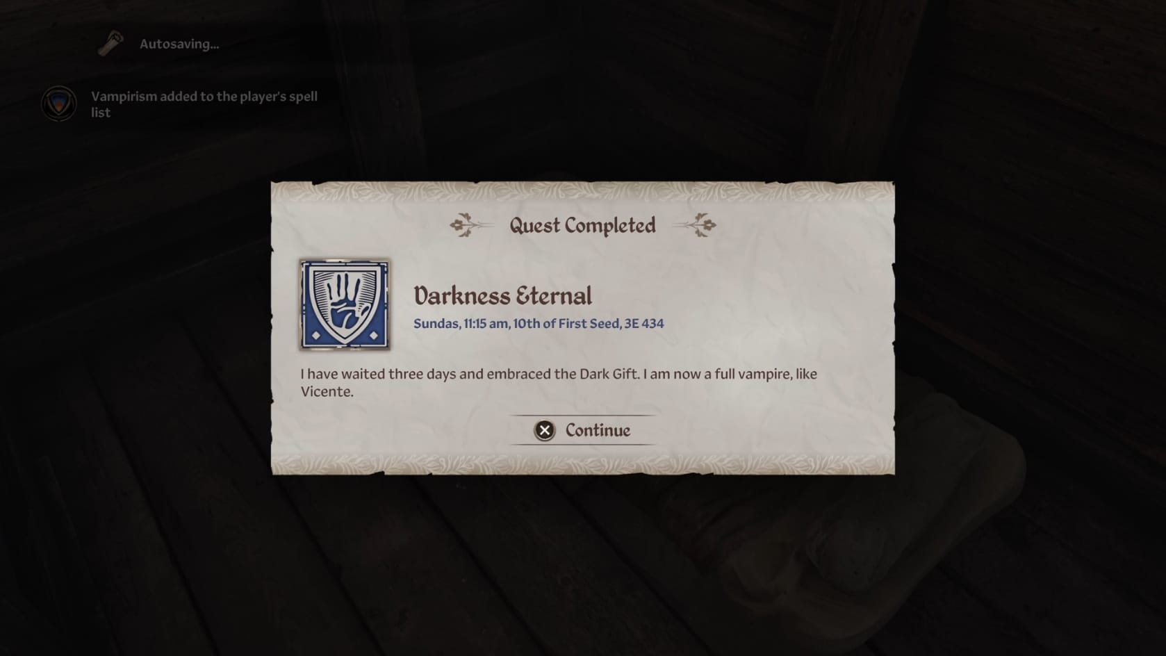 The Quest screen confirming you've become a Vampre from Vicente Valtieri.