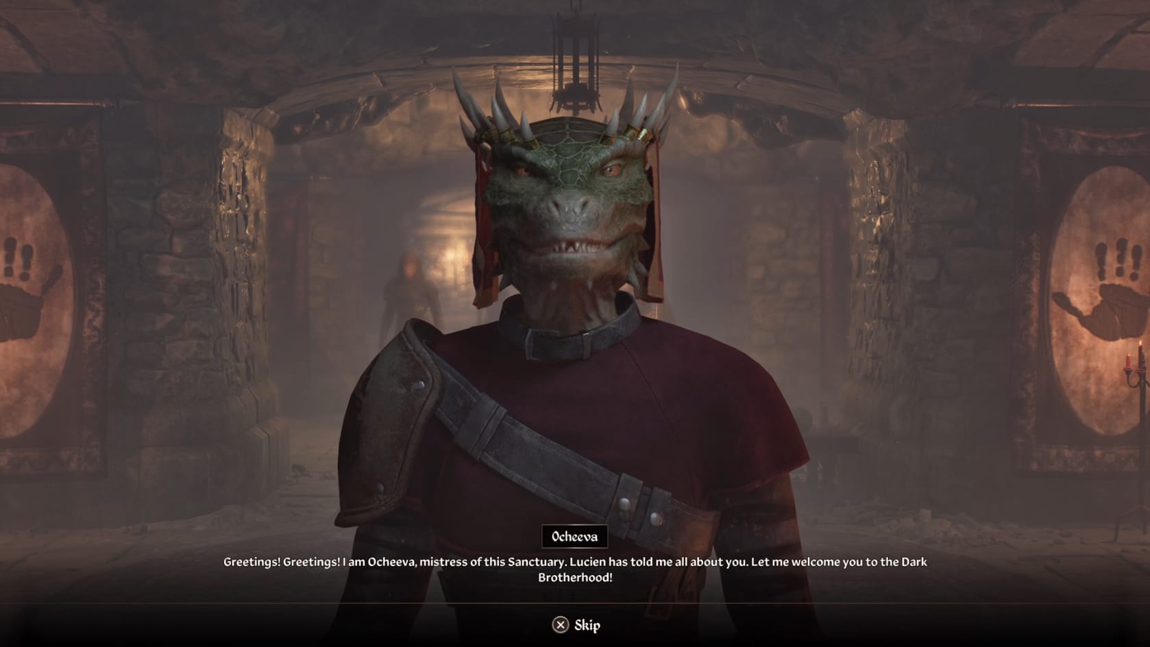 Ocheeva greets the Hero into the Dark Brotherhood Sanctuary