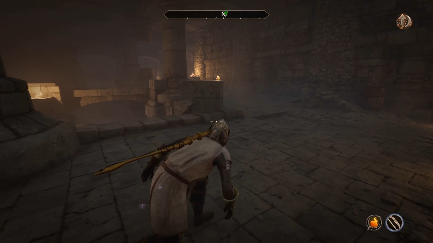 Sneaking through the large chamber of the fort