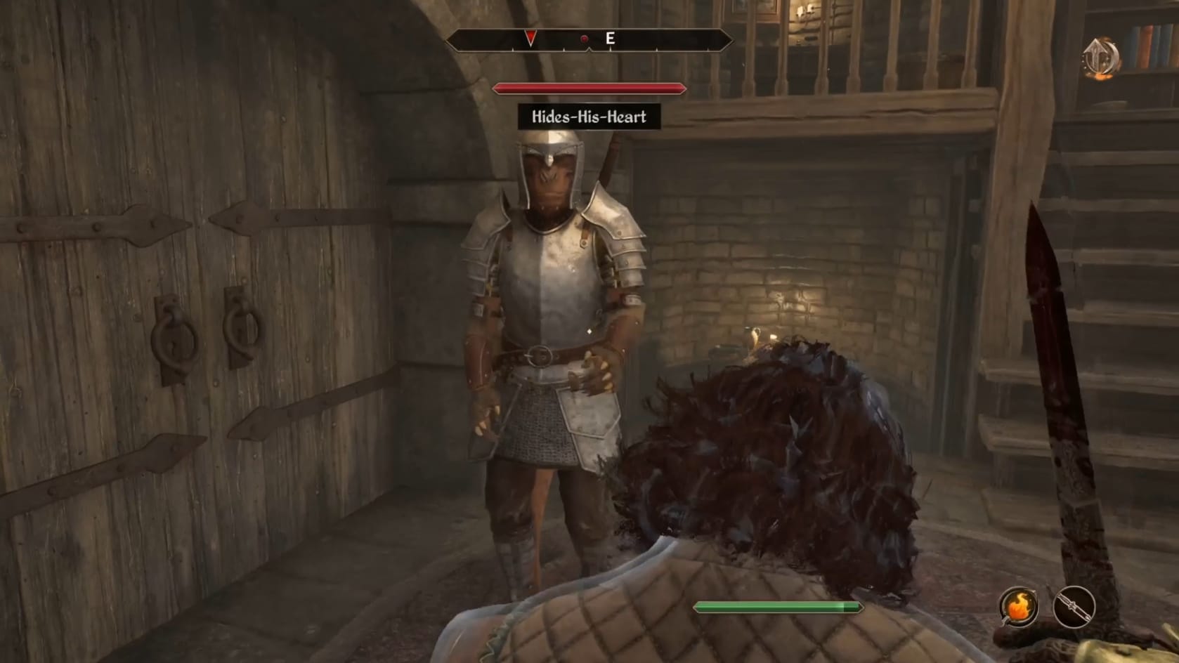 Hides-His-Heart readies to attack the Hero