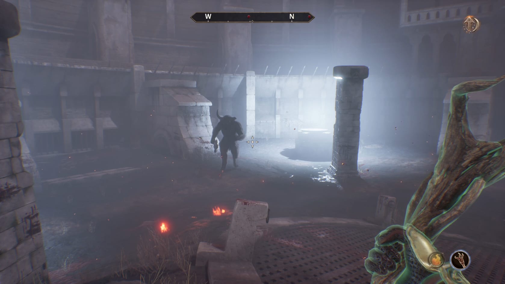 A Dreamworld Minotaur advancing on the Hero within the Arena.