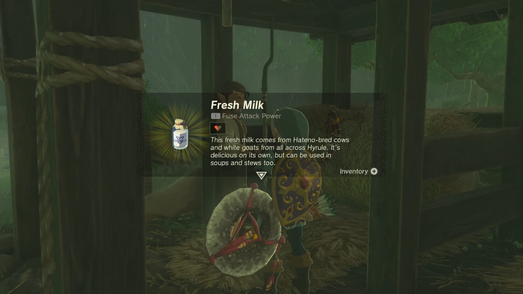 Link being rewarded with Fresh Milk for his acorn collection efforts.