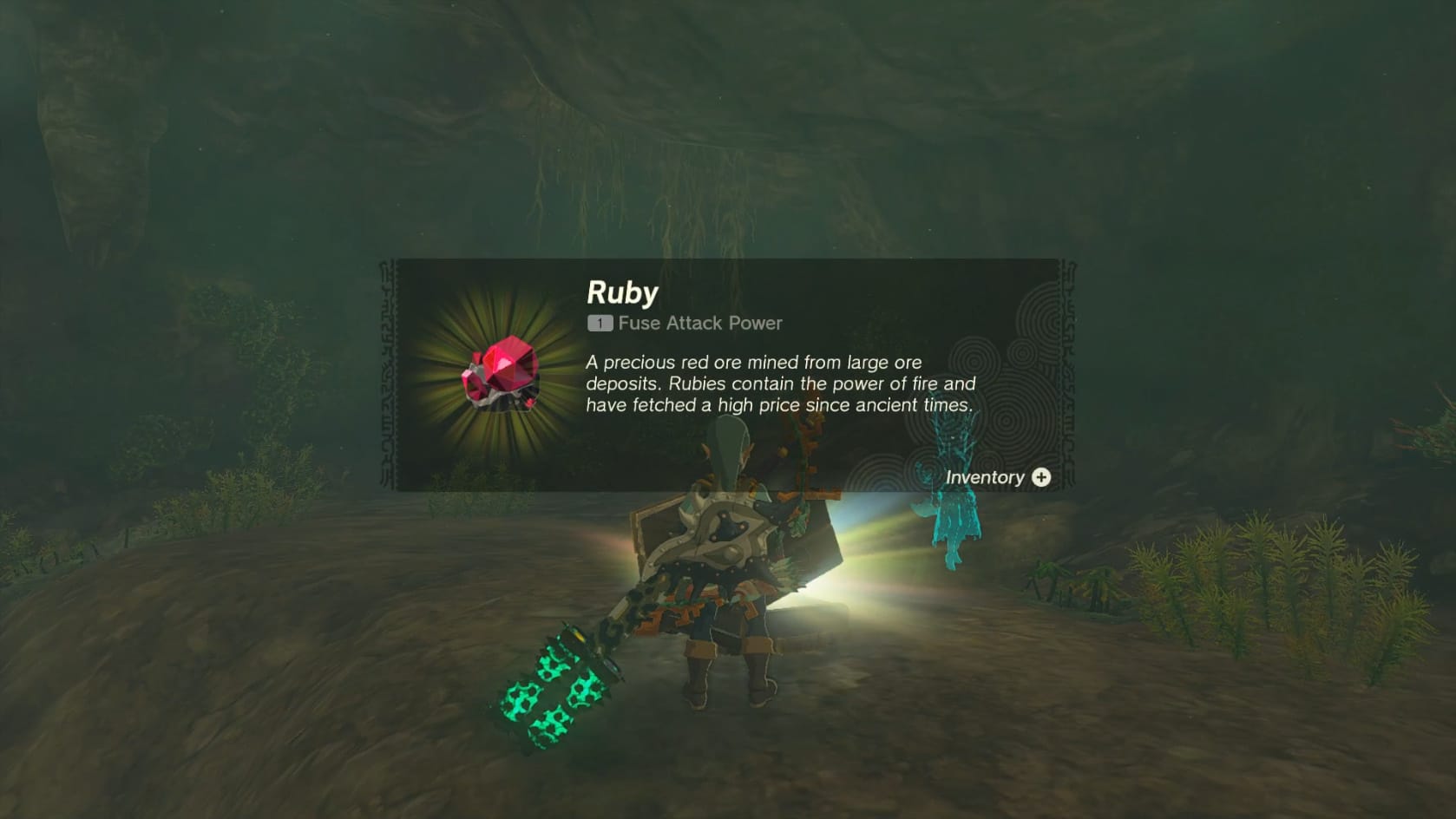 Link stands in front of an open chest that has given him a Ruby.