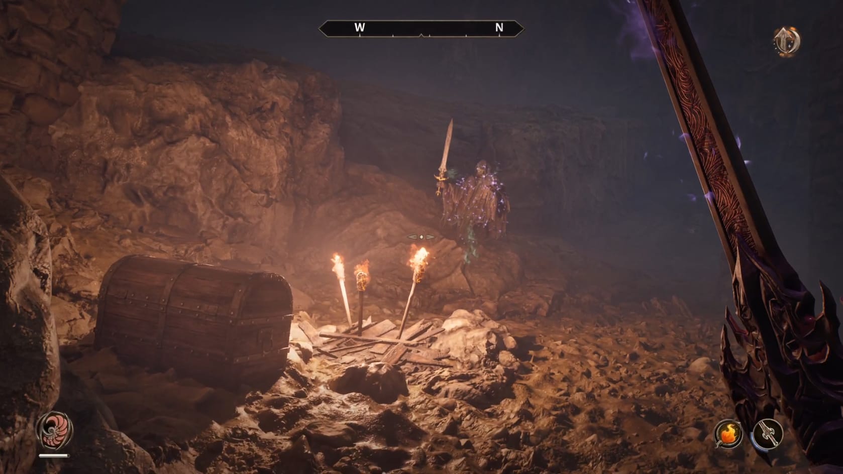 A large chest sits in front of a trio of torches and a Ghostly enemy hovers just beyond that