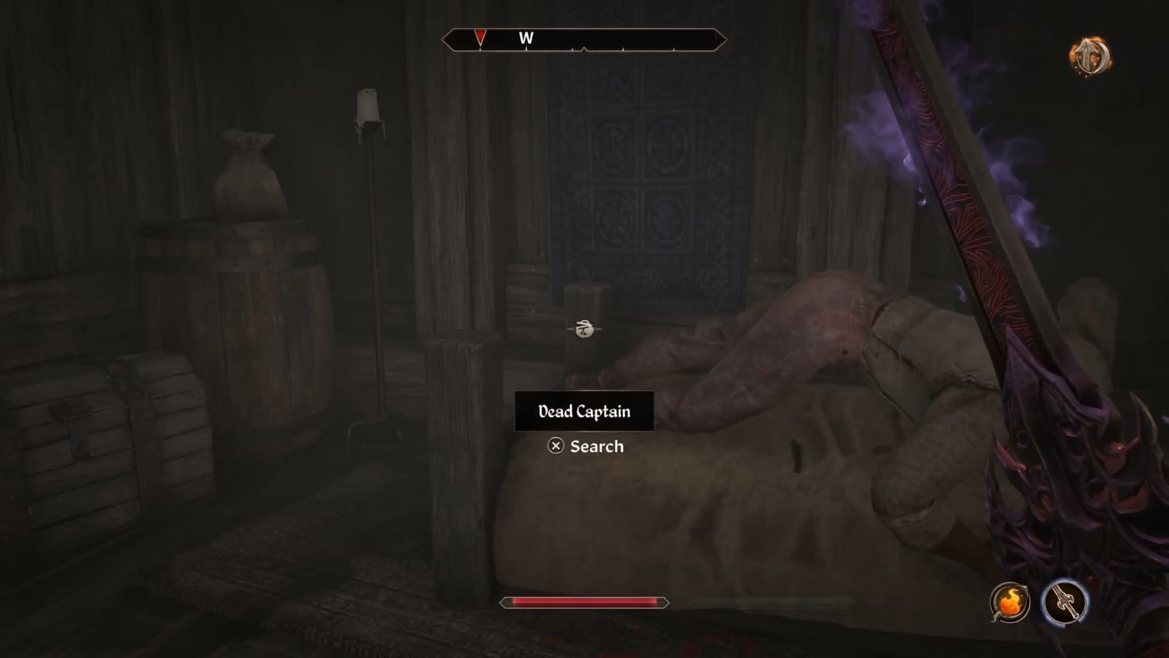 The dead captain on his bed and the captain's chest.