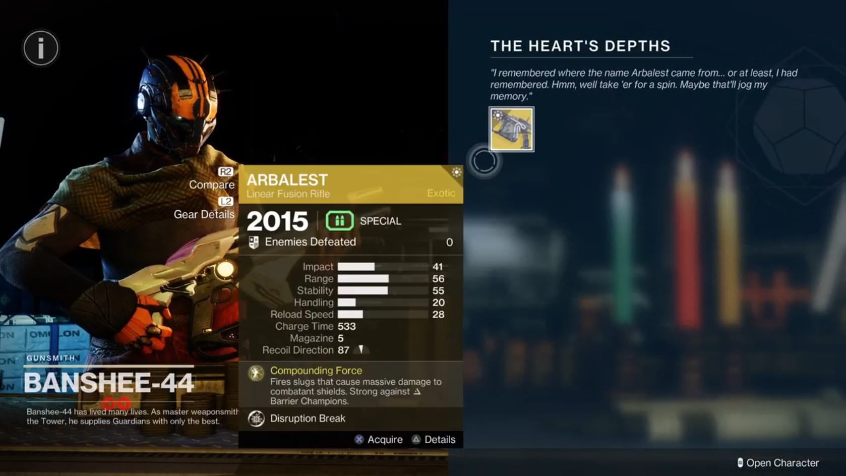 Obtaining the Arbalest from Banshee-44 in the Tower