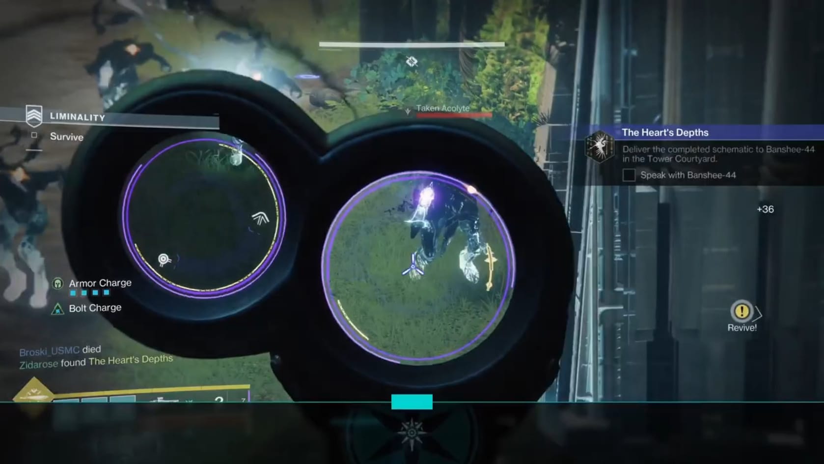 Aiming down sights of the Queensbreak Fusion Rifle at Taken