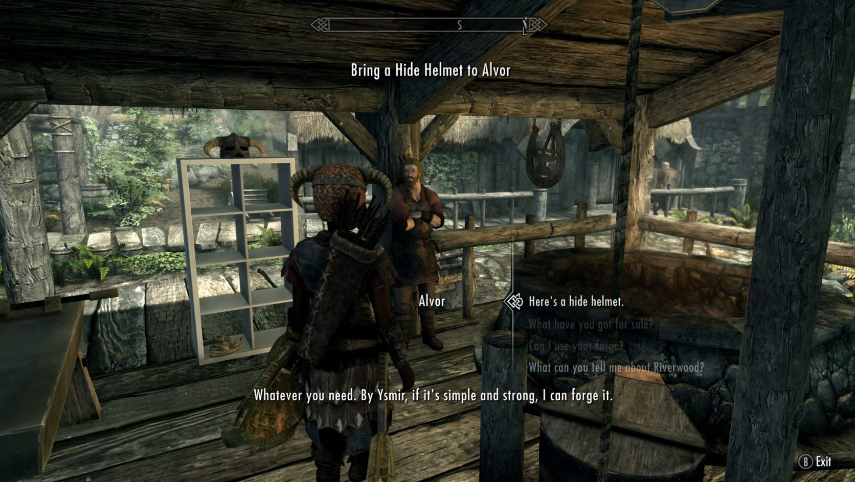 Showing Alvore the crafted Hide Helmet