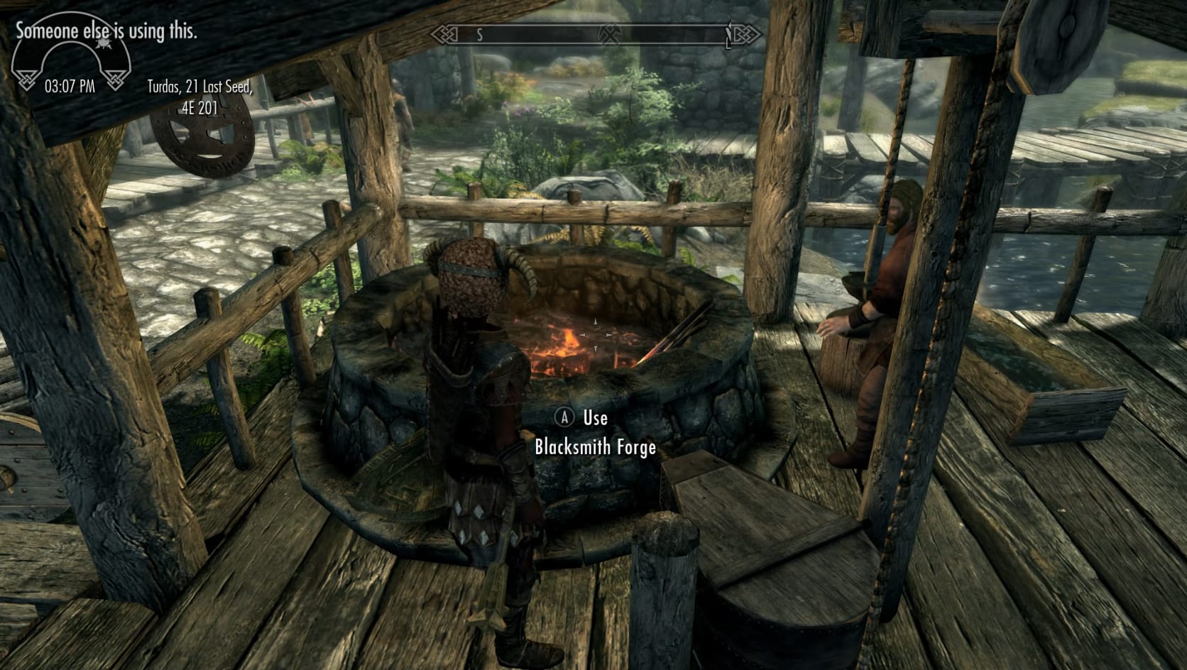 Trying to use the Blacksmith Forge while Alvor attempts to