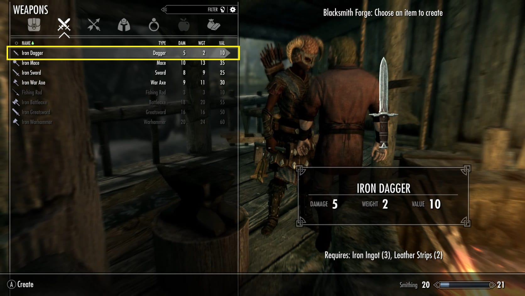 Selecting and crafting an Iron Dagger