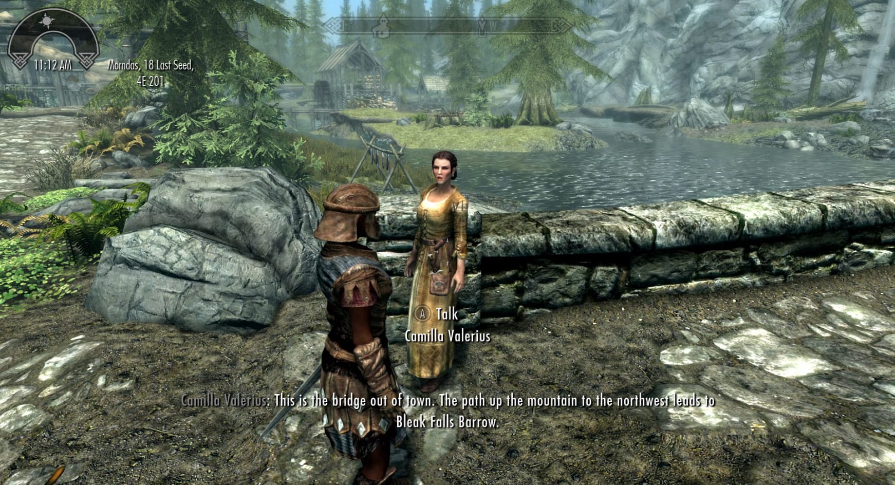 Camilla with the Dragonborn at the bridge out of Riverwood
