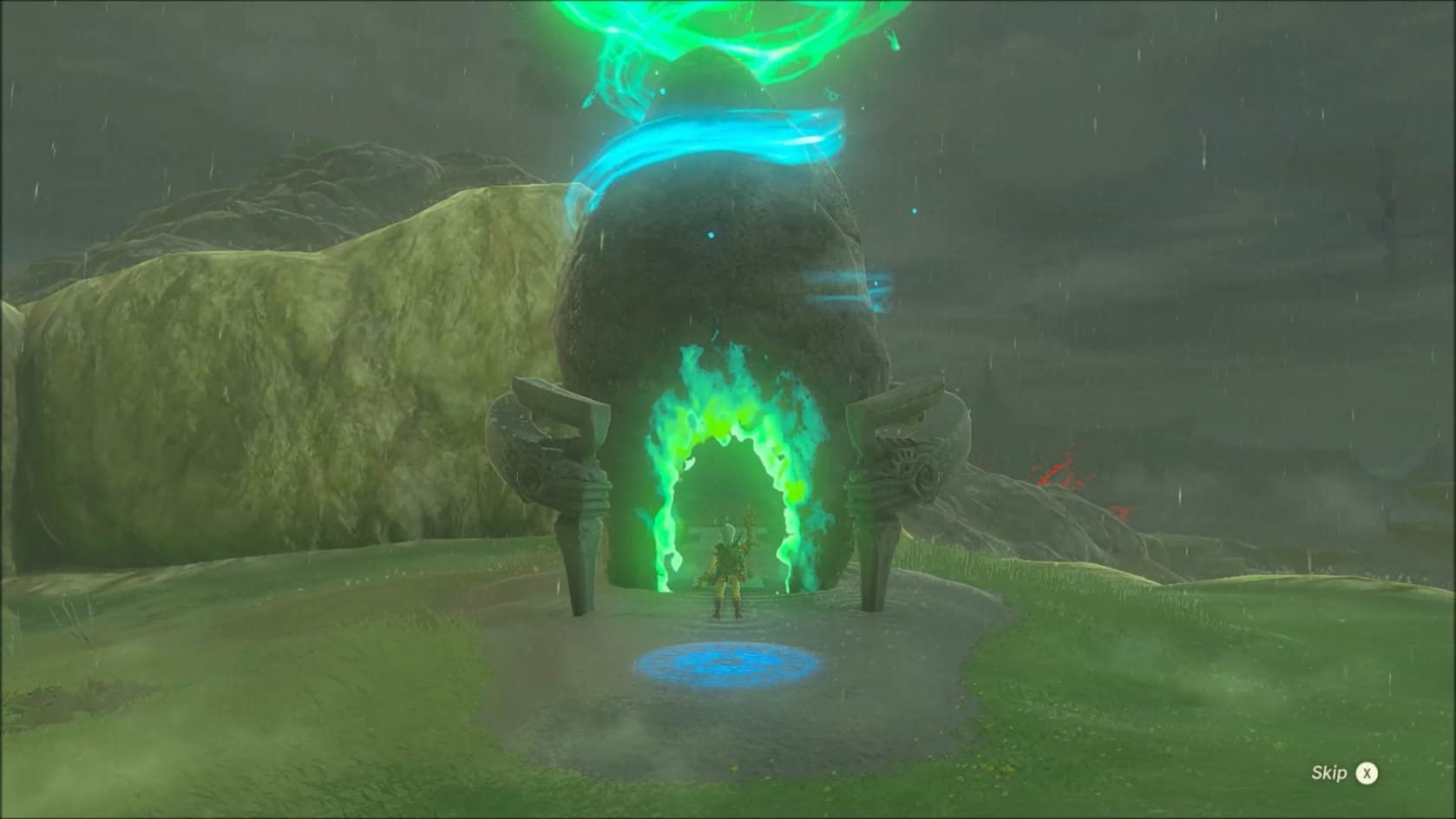 Link stands in front of the Shrine as it activates