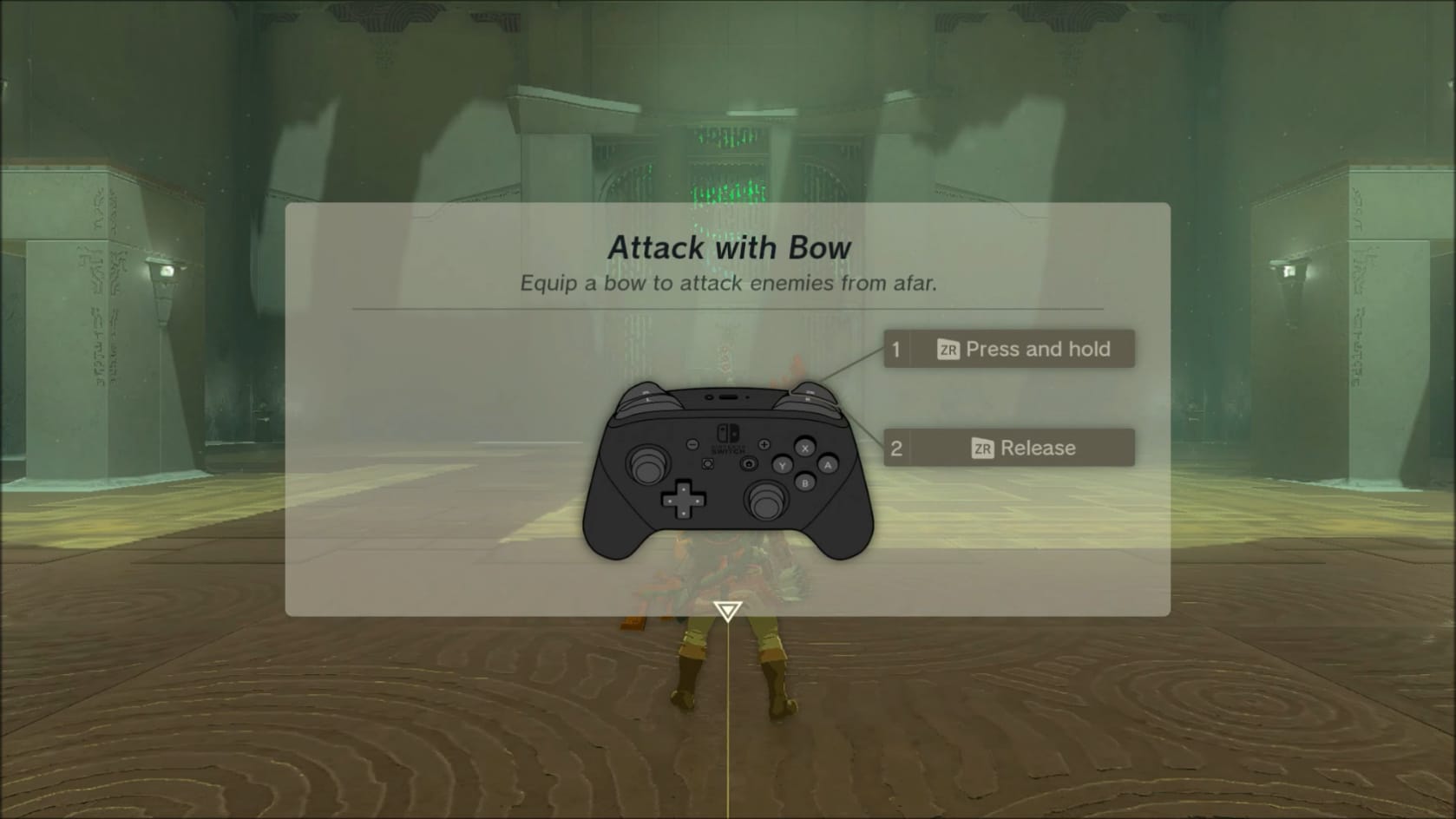 The button prompts to aim and fire with a Bow and Arrow on a pro controller