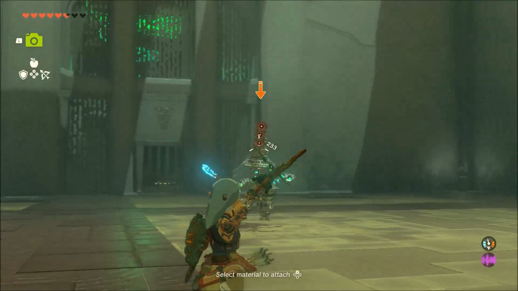 Link aiming his bow directly at the Soldier Construct's Head.