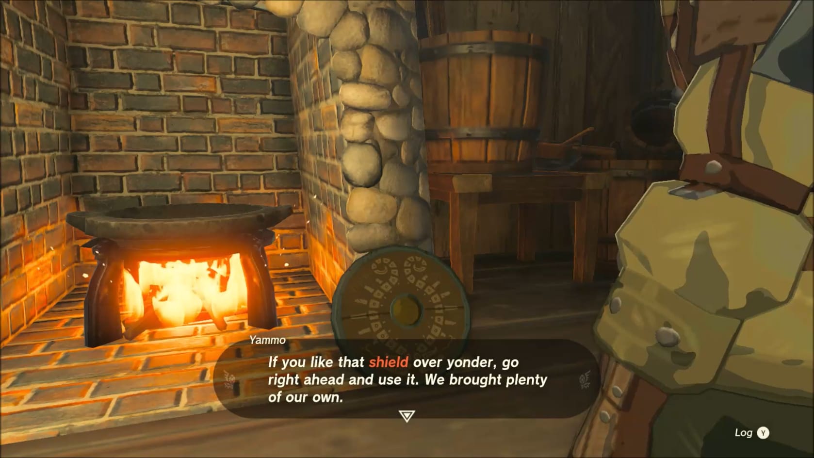 Yammo offers Link the Traveler's Shield by the cooking pot