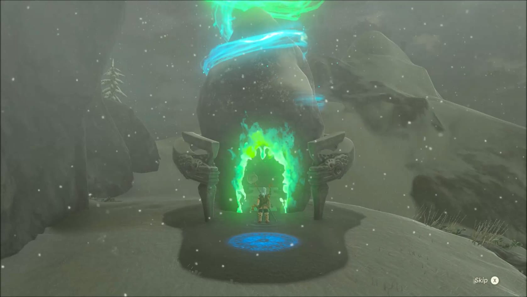 Link stands in front of the Shrine as it opens its door
