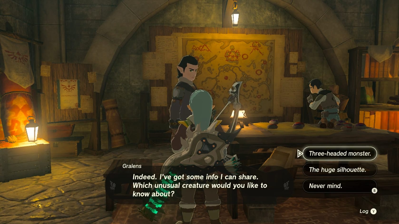 Talking to Gralens to start the quest: Unknown Three-Headed Monster
