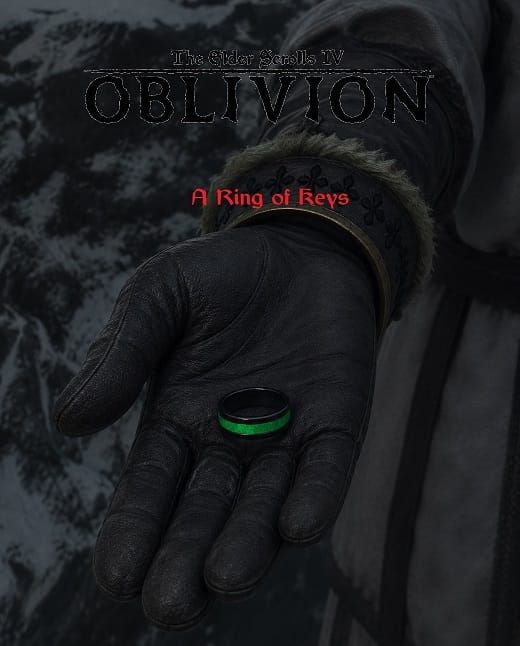 A gloved hand holds a black ring with a green stone band in its middle.