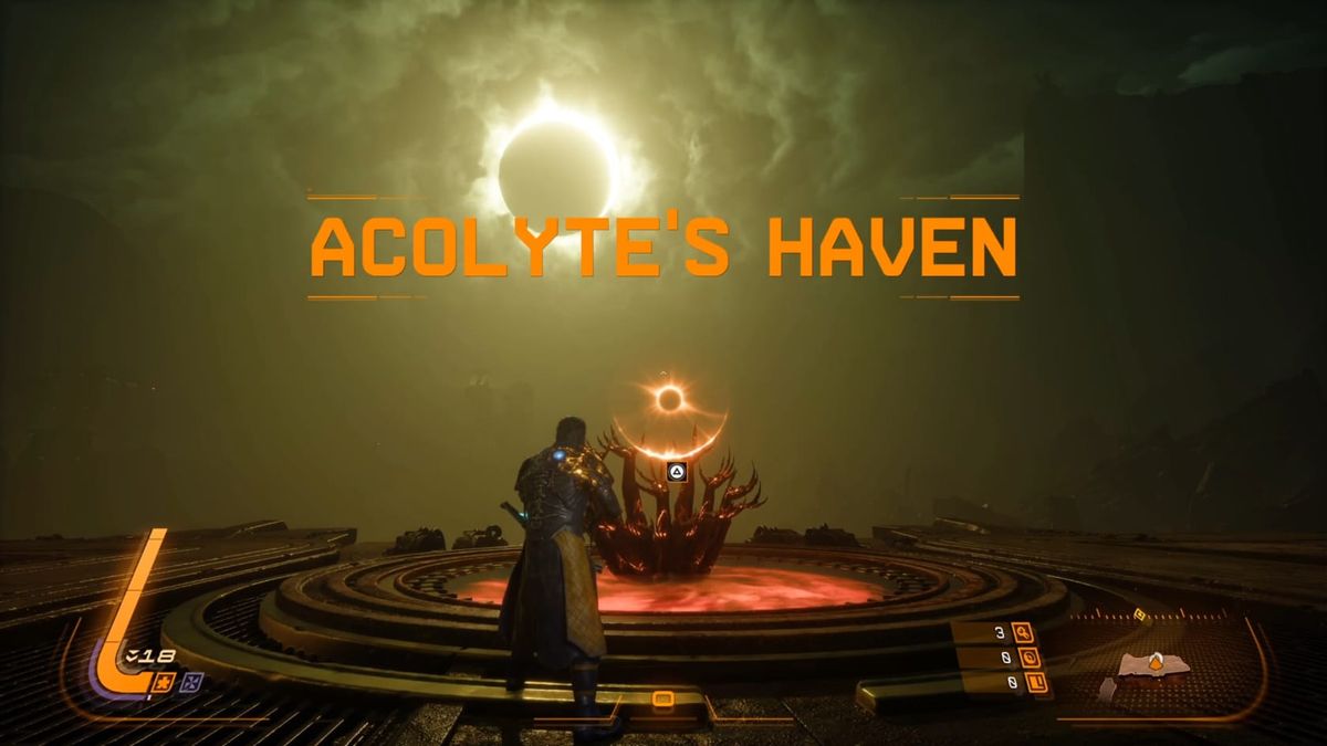 Arjun stands in front of the hands with the blocked sun in the background at the start of Acolyte's Haven.