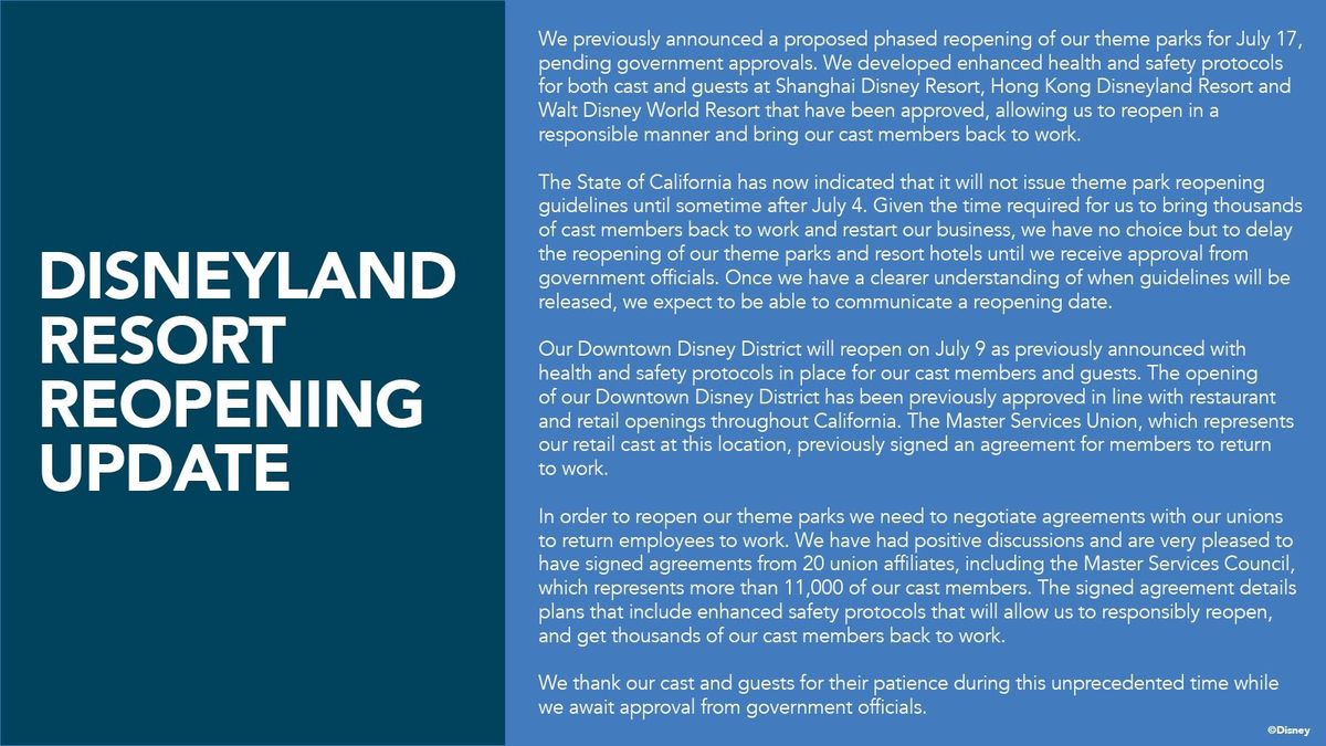 Disneyland Resort Theme Parks Will Not Reopen on July 17 as Previously Planned