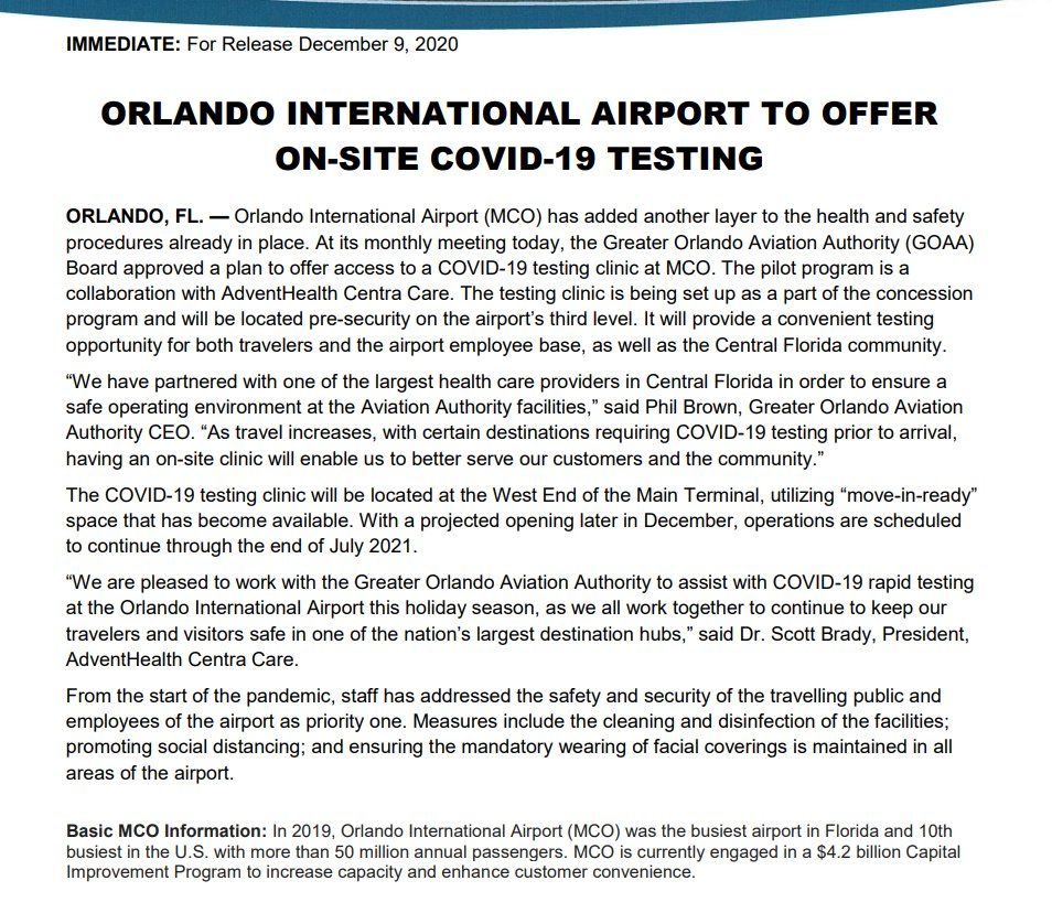 Orlando International Airport (MCO) to Offer On-Site Rapid Testing Beginning Later this Month