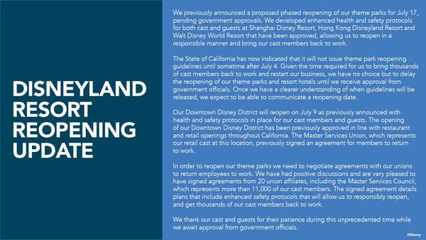 Disneyland Resort Theme Parks Will Not Reopen on July 17 as Previously Planned