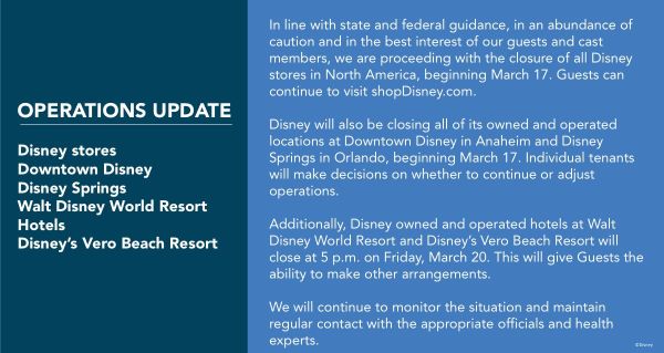 All Walt Disney World Hotels to Close March 20th; Disney Springs, Downtown Disney District, and All Disney Stores to Close March 17th Due to COVID-19