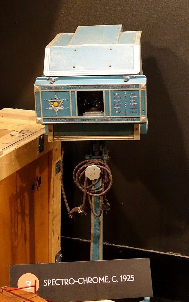The Spectro-Chrome, a device invented in 1920 by Colonel Dinshah P. Ghadiali, used to apply different colored light to patien
