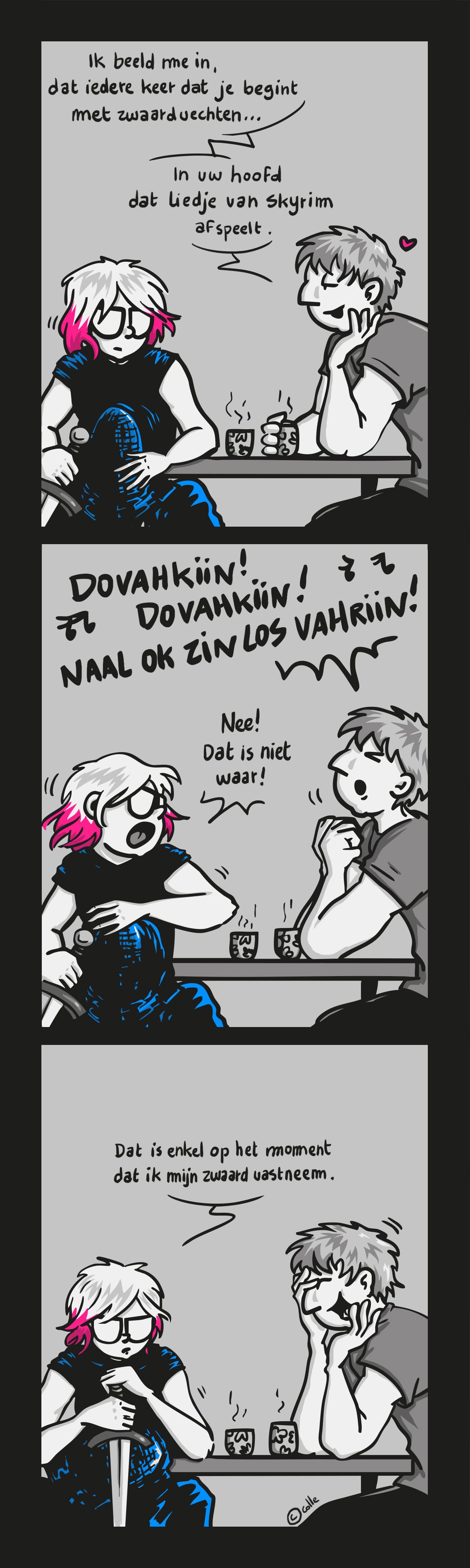 Lukas beeldt zich in dat Colle Skyrim muziek hoort tijdens het zwaardvechten.