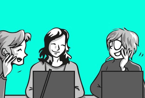 Illustratie: Colle en twee collega's volgen een les over Microsoft 365