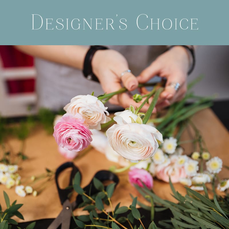 A Naples, FL florist creates a Designer's Choice flower arrangement featuring fresh pink and white ranunculus blooms and eucalyptus.