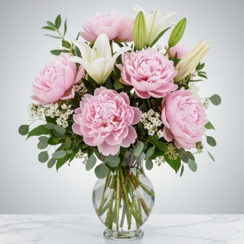 An elegant Passover Seder centerpiece with white peonies and lilies for a family celebration in Naples, Florida, designed by Grace & Blooms.