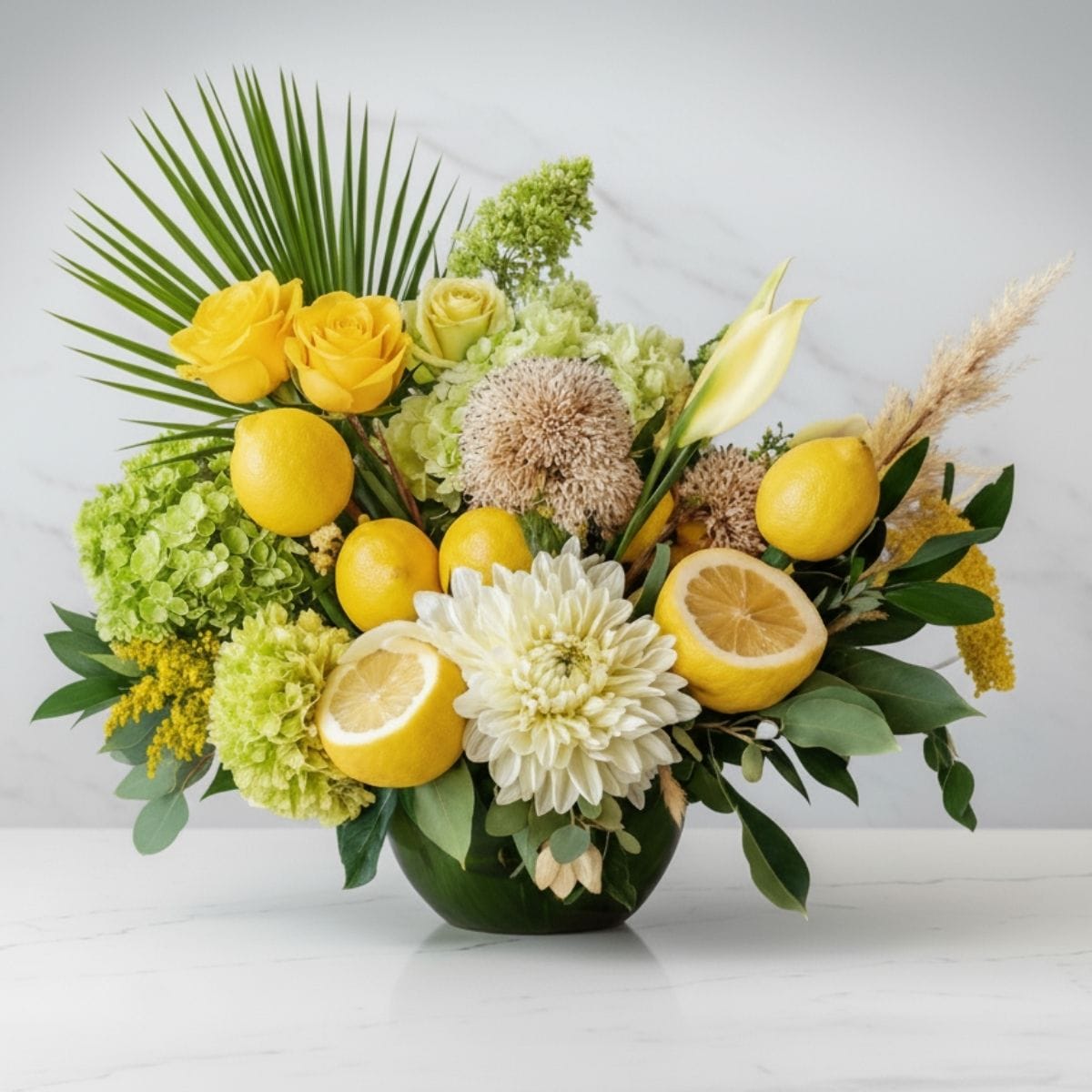 A luxury Sukkot centerpiece featuring white dahlias, fresh lemons, and lush greenery, designed by Grace & Blooms for a harvest celebration in Naples, Florida.