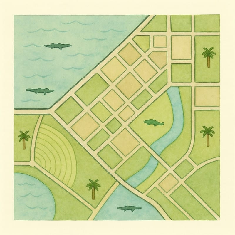 An artistic watercolor map representing the beautiful Naples communities Grace & Blooms serves, from Quail West to neighboring areas.