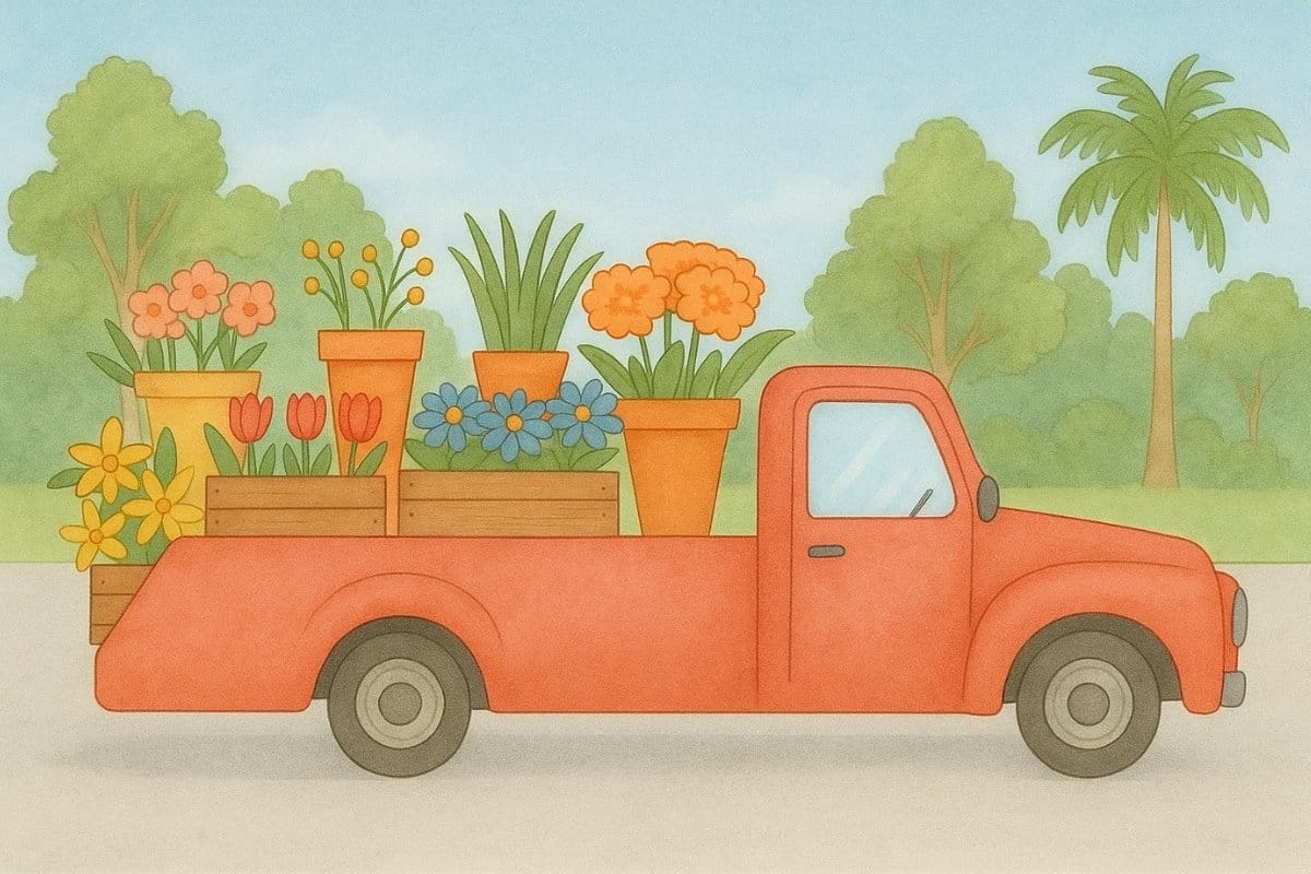 An illustration of a classic red pickup truck loaded with fresh flowers, representing Grace & Blooms' reliable flower delivery service in Windstar on Naples Bay, Naples, Florida.