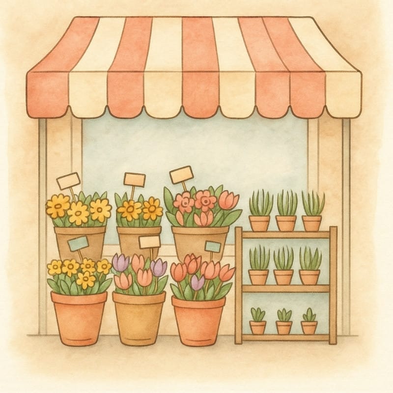 A charming illustration of a local flower stand with a striped awning, showcasing fresh daisies and tulips available for flower delivery in Windstar on Naples Bay, Naples, Florida from Grace & Blooms.