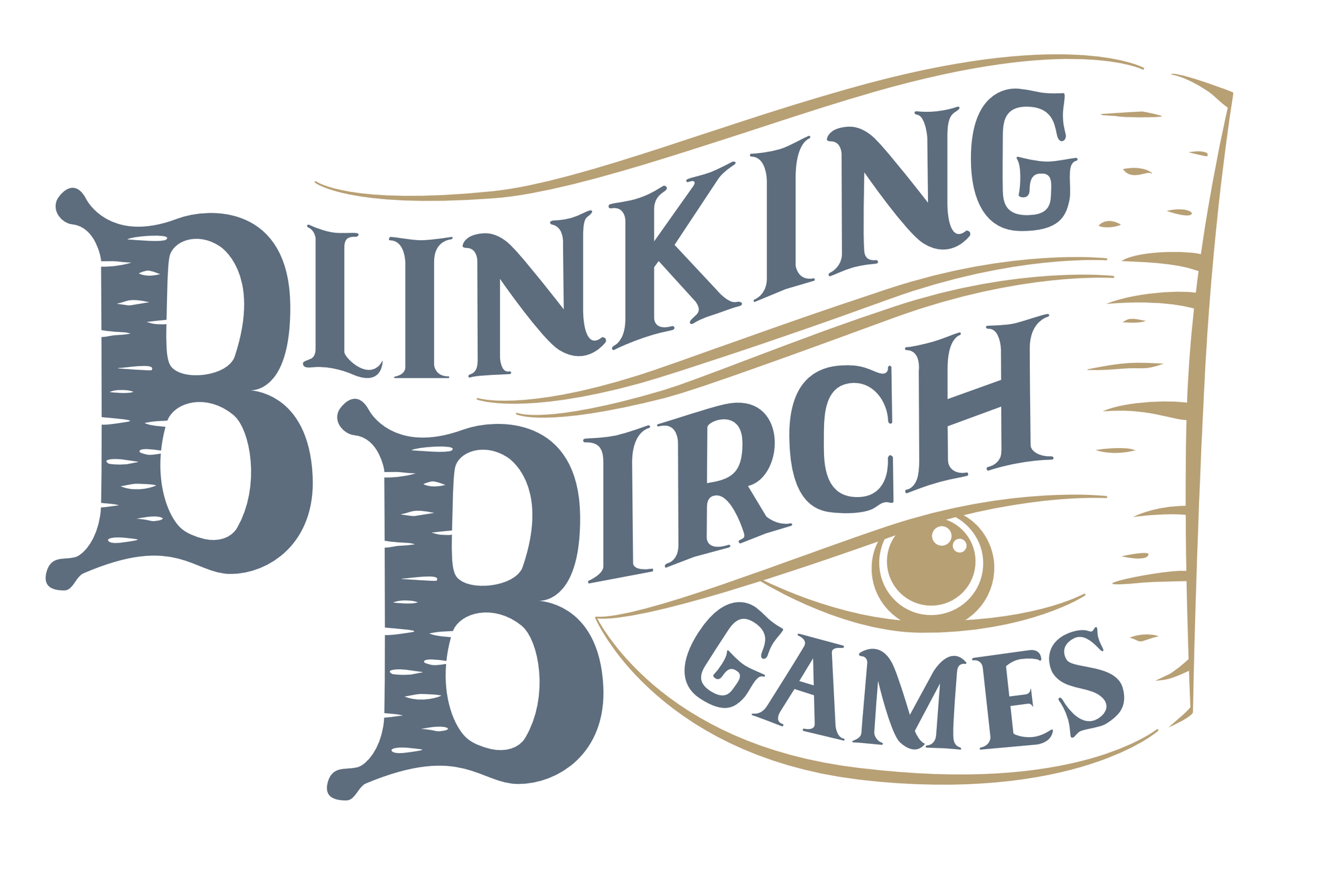 A logo for Blinking Birch Games. The text is in a dark blue-gray, and the B's are stylized to look like tree trunks. The right side of the logo is a light brown-yellow and looks like a tree, with an eye between the words "birch" and "games".