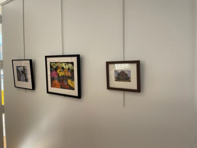 Three framed photos against a white wall in a gallery.