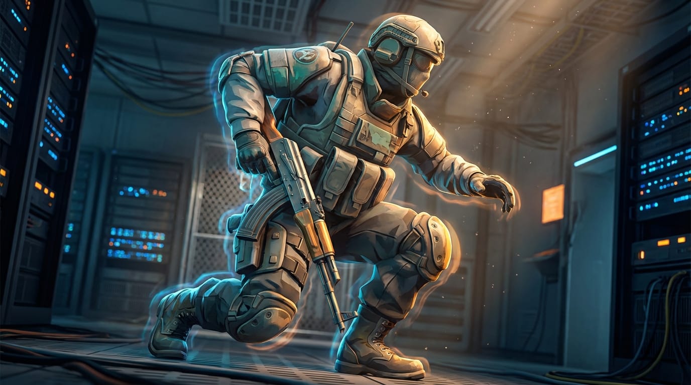 Detailed view of a CS2 player character performing smooth animation transition with an assault rifle