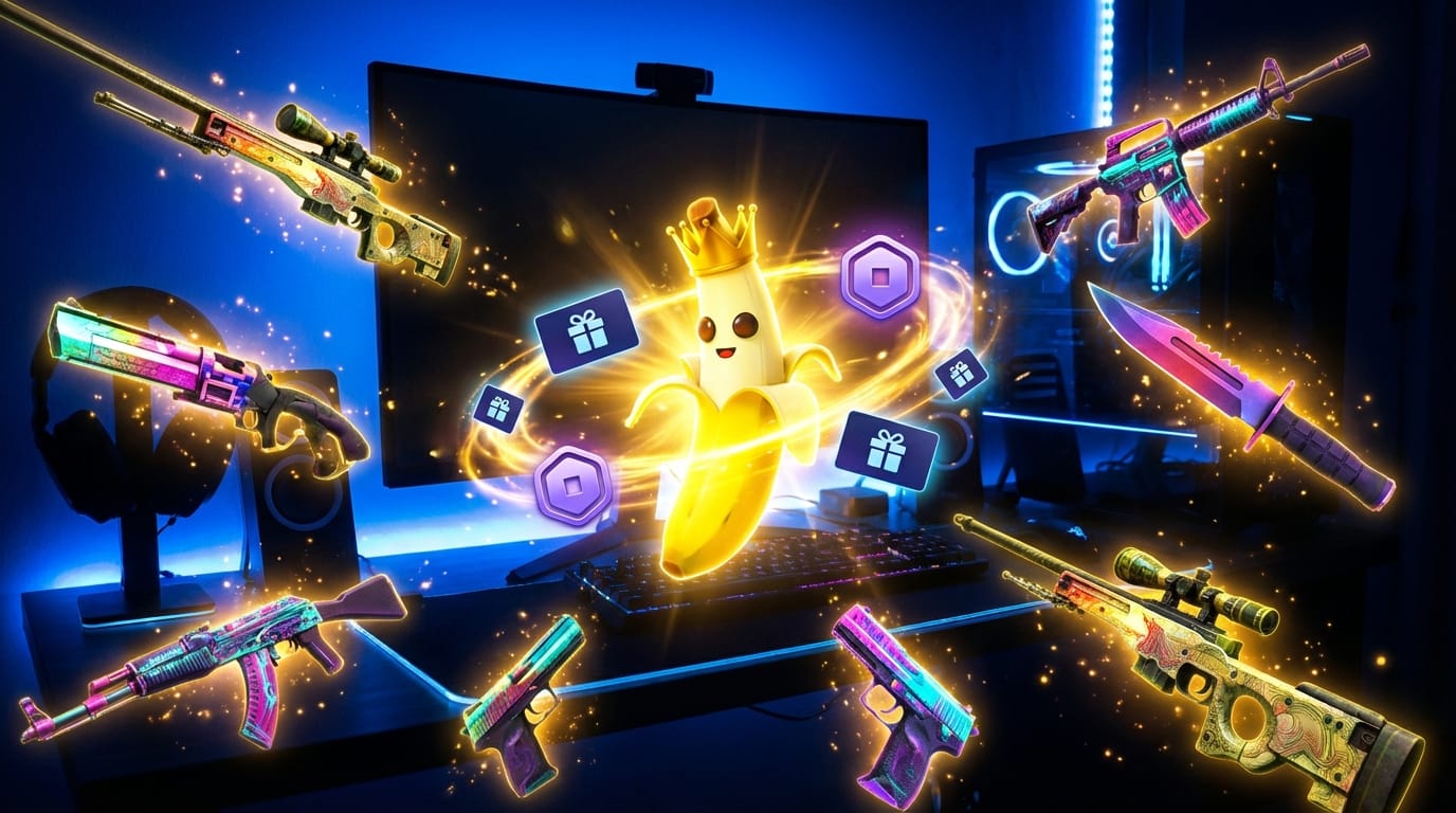 Vibrant reward visualization with CS2 skins, gift cards, and SkinApe banana mascot in celebratory arrangement